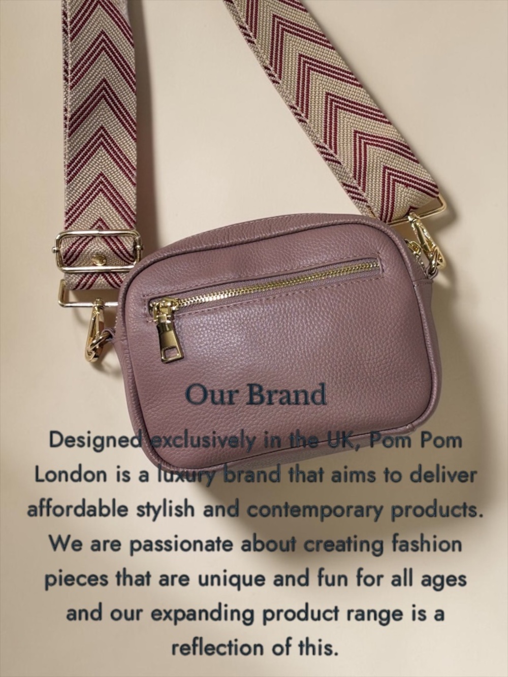 NWOT [Pom Pom · London] Leather Tan & Gold Chevron Crossbody Bag | Mauve Purse - Picture 14 of 16